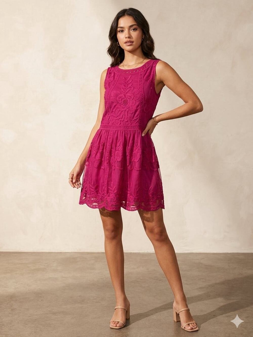 Entro Magenta Pink Lace Embroidered Sleeveless Mini Dress Size L Whimsigoth Boho